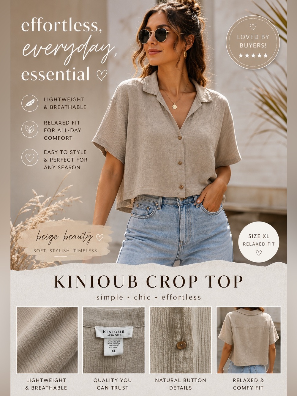iris Beige Cropped Button-Front Women’s Shirt